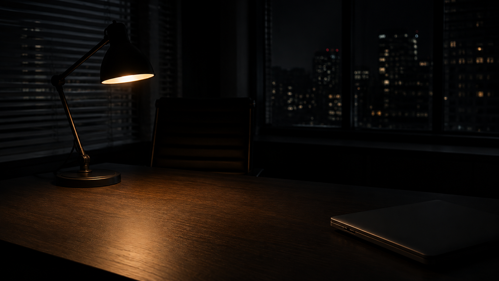 A desk lamp still on over an empty office desk at night