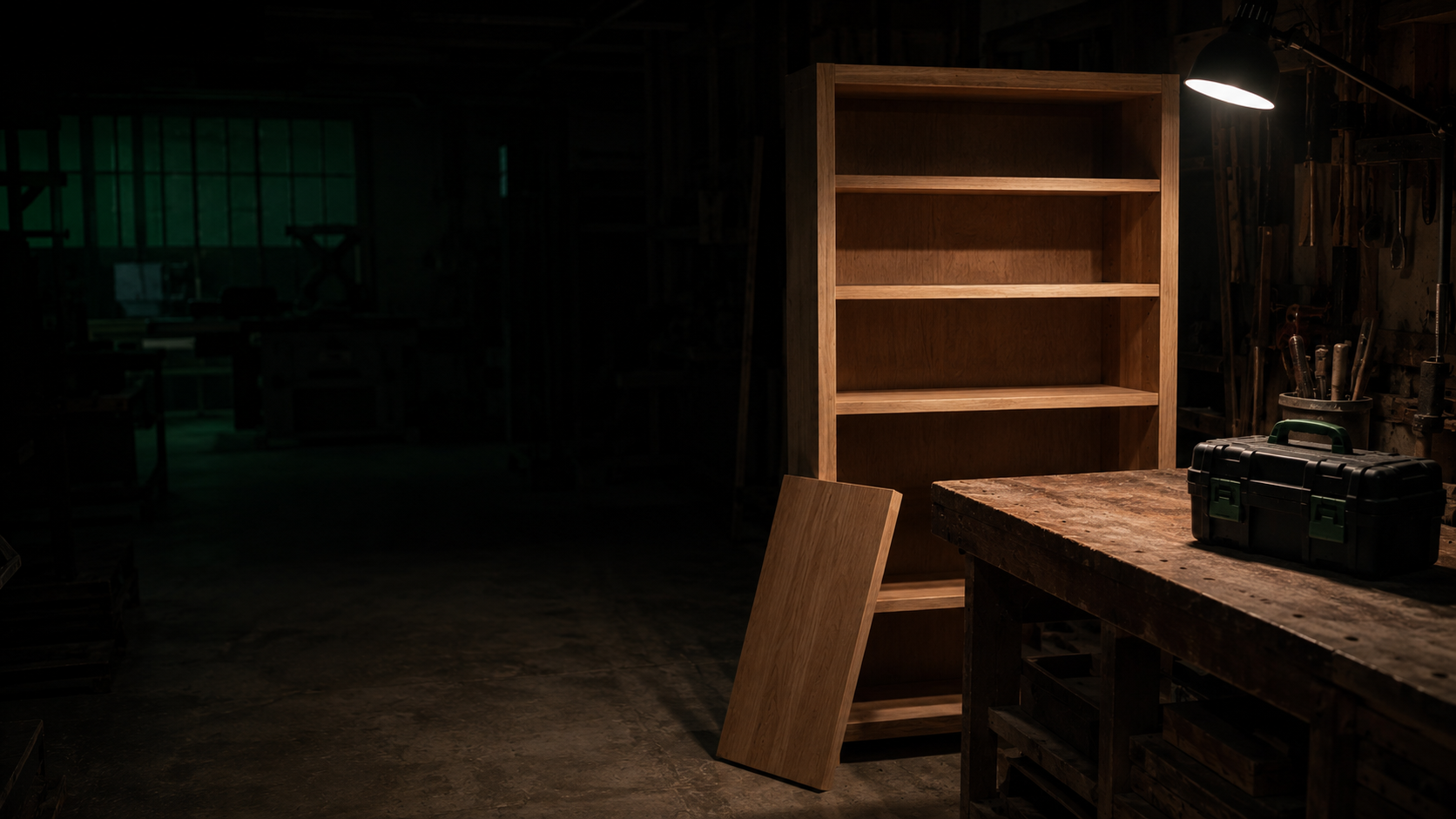 An unfinished bookshelf in a dim workshop, one panel still unattached