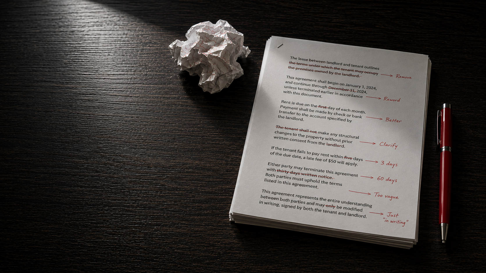 A marked-up manuscript with red-pen corrections and a crumpled page