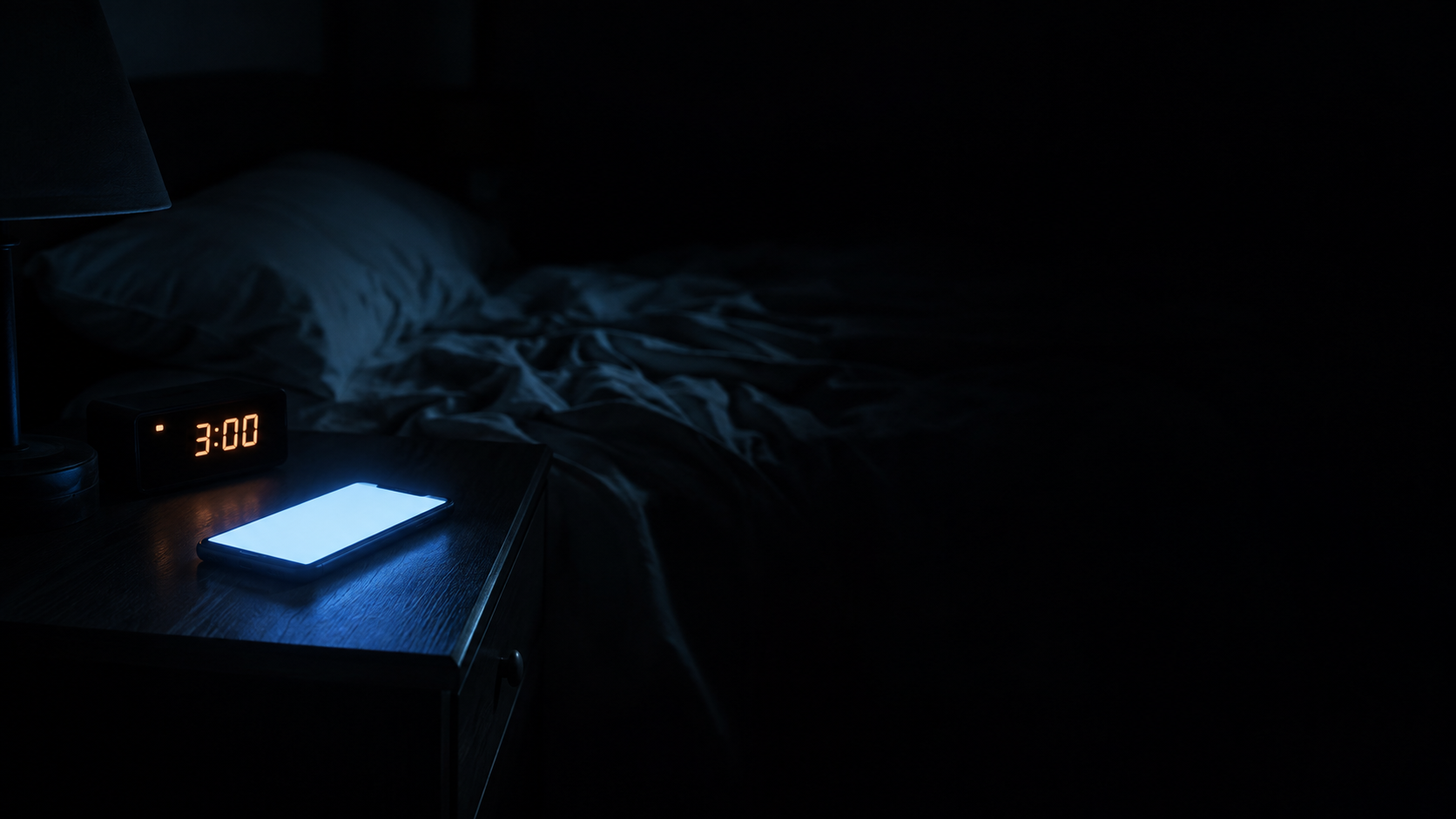 A bedside clock reading 3:00 beside a lit phone in a dark bedroom